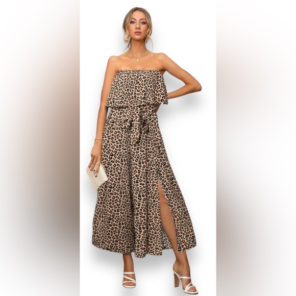 Simplee Pants - MEDIUM Simplee Leopard Print Split Thigh Belted Tube Jumpsuit ➡️MISSING BELT⬅️